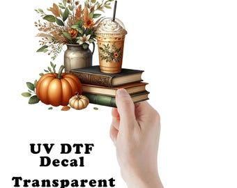 Fall Iced Coffee and Books  UV DTF Transparent Decal / Sticker You Choose Size