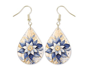Blue Star Flower Glass Dangle Printed Earrings Jewelry Handmade