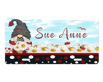 Personalized Lady Bug Gnome Aluminum Front License Plate