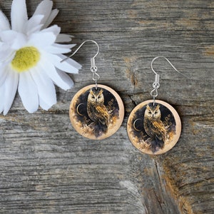 Celestial Owl Round Printed Wood Earrings Jewelry