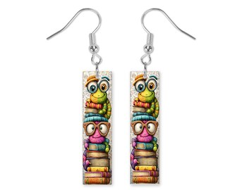 Cute Bookworm Dangle Printed Earrings Jewelry Handmade