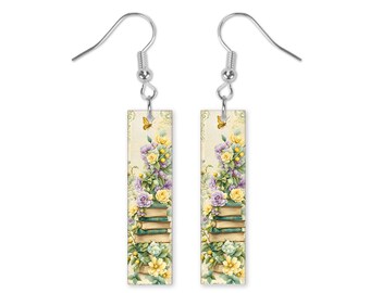 Books and Flowers Dangle Printed Earrings Jewelry Handmade