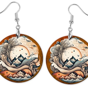 Mountain Scene Round Printed Wood Earrings Handmade Jewelry