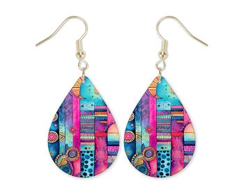 Boho Doodles Glass Dangle Printed Earrings Jewelry Handmade