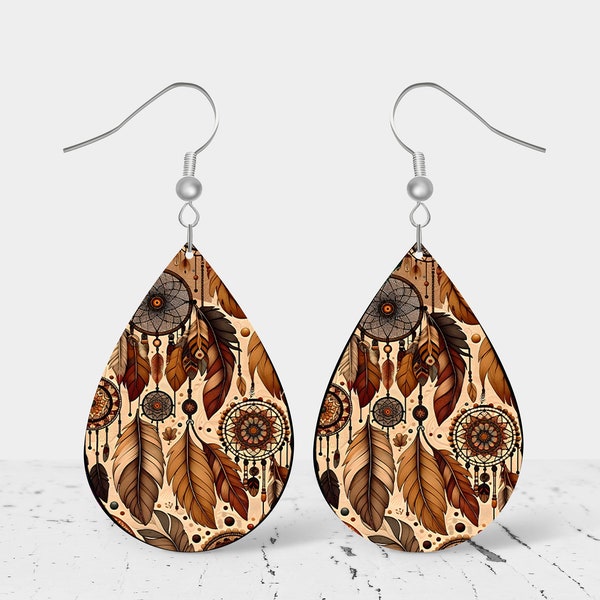 Dream Catchers and Feathers Western Earrings, Teardrop Dangle Printed Earrings Jewelry Handmade