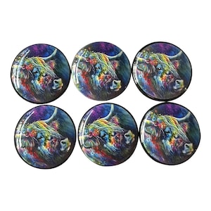 Farmhouse Knobs, Set of 6 Alcohol Ink Highland Cow Wood Cabinet Knobs, Drawer Knobs and Pulls, Kitchen Cabinet Knobs,