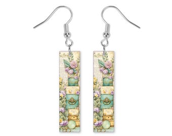 Green Yellow Floral Dangle Printed Earrings Jewelry Handmade