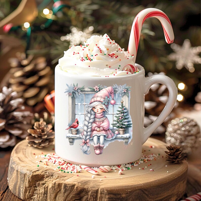 Pink Christmas Elf With Red Cardinal UV DTF Transparent Decal / Sticker ...