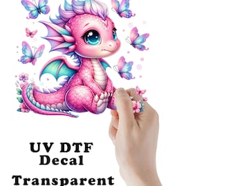 Pink Dragon and Butterflies UV DTF Transparent Decal / Sticker You Choose Size
