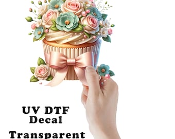 Pink and Blue Floral Cupcake UV DTF Transparent Decal / Sticker You Choose Size