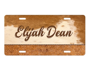 Personalized Brown Cowhide and  Leather Western Aluminum Front License Plate