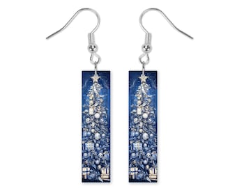 Blue Xmas Tree Dangle Printed Earrings Jewelry Handmade