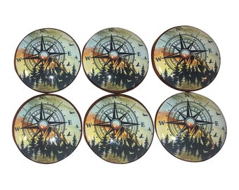 Set of 6 Mountain Compass  Print Wood Cabinet Knobs