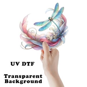 May include: A blue and green dragonfly with translucent wings is surrounded by pink, blue, and white floral elements. The image has a transparent background.