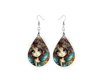 Blue Eyed Fairy Earrings, Teardrop Dangle Printed Earrings Jewelry