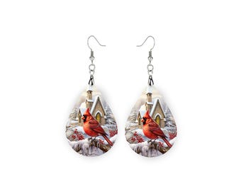 Red Cardinal and Church Print Earrings, Teardrop Dangle Printed Earrings Jewelry Handmade