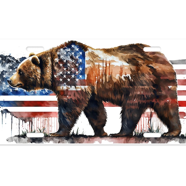American Bear Patriotic, American Flag Printed Aluminum Front License Plate, Car Accessory, Vanity Plate