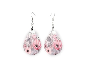 New Release, Pink and Gray Floral Earrings, Teardrop Dangle Printed Earrings Jewelry Handmade