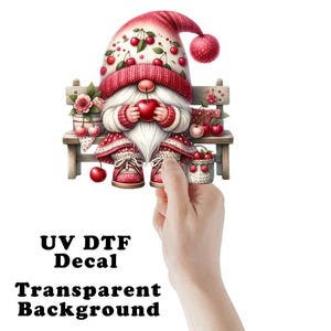 May include: A UV DTF decal with a transparent background featuring a gnome wearing a red cherry-themed hat and outfit, holding a red apple. The gnome is seated on a wooden bench with cherry decorations and a basket of cherries.