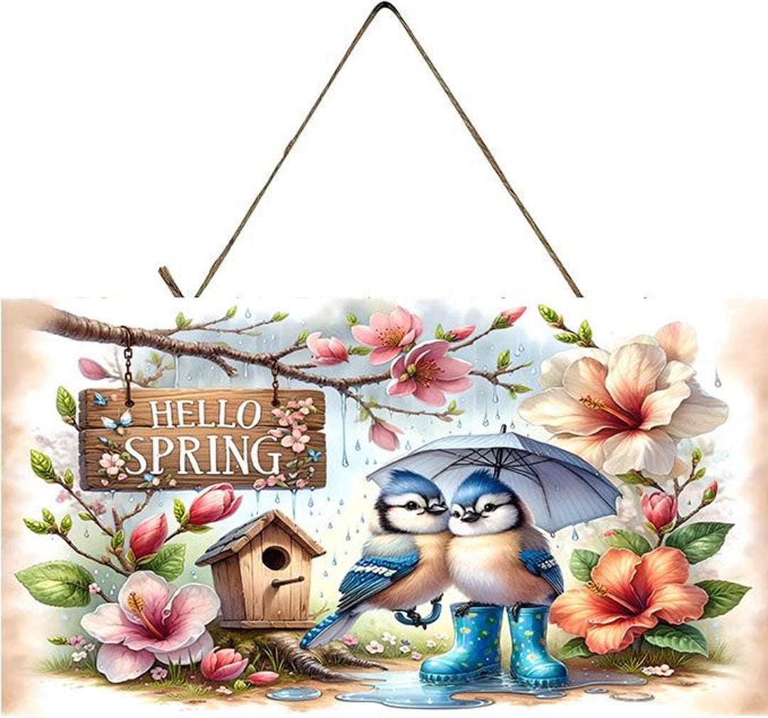 Hello Spring Blue Birds Farmhouse Hanging Wood Sign, Hanging Wall Sign ...