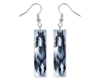 Black White Horse Dangle Printed Earrings Jewelry Handmade