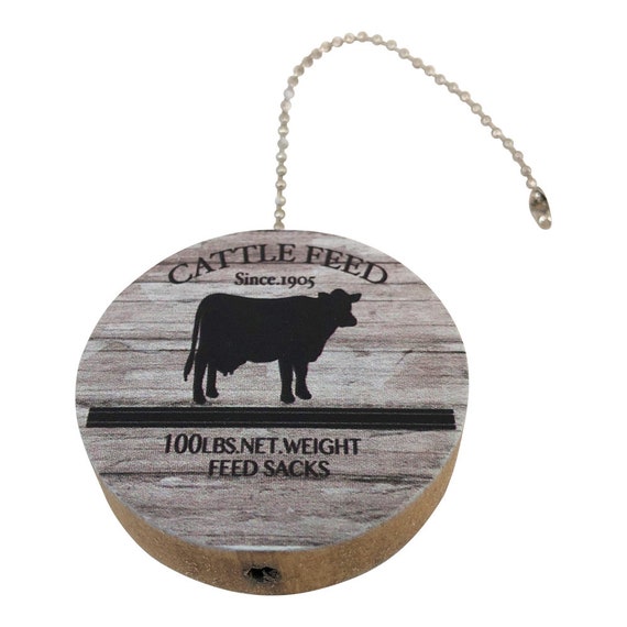 Cattle Feed Print Round Wood Fan//Light Pull