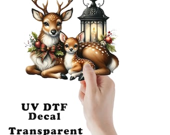Reindeer and Lantern Christmas Transparent Decal / Sticker You Choose Size