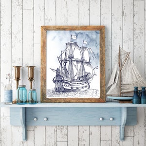 11x14 Navy Blue Ship Nautical Canvas Print