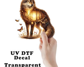 May include: A wolf with a forest scene inside its body. The wolf is standing on a grassy area with butterflies flying around it. The background is transparent.