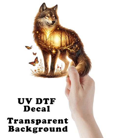 Enchanted Forest Wolf UV DTF Transparent Decal / Sticker You Choose Size