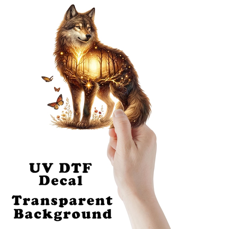 double exposure wolf with a golden enchanted forest