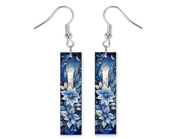 Blue Poinsettia Dangle Printed Earrings Jewelry Handmade