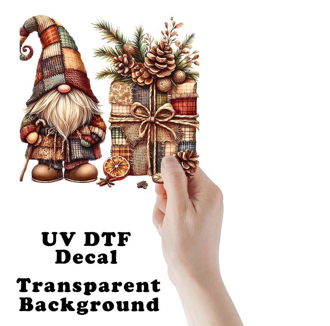 Patchwork Christmas Elf and Present UV DTF Transparent Decal / Sticker ...