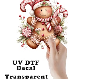 Peppermint Gingerbread Man Christmas UV DTF Transparent Decal / Sticker You Choose Size