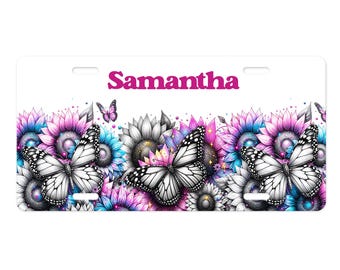 Personalized Butterflies and Sunflowers Vanity Decorative Front License Plate Cute Car License Plate