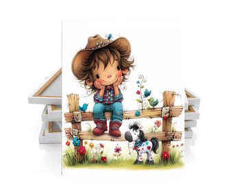 16x20 Cute Cowboy on Fence Wall Art Canvas Print