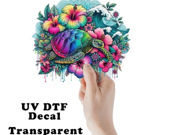 Tropical Sea Turtle and Flowers UV DTF Transparent Decal / Sticker You Choose Size
