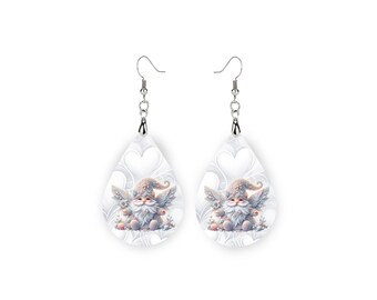 White Frosted Gnome Print Earrings, Teardrop Dangle Printed Earrings Jewelry Handmade