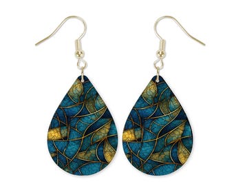 Blue Stain Glass Dangle Printed Earrings Jewelry Handmade