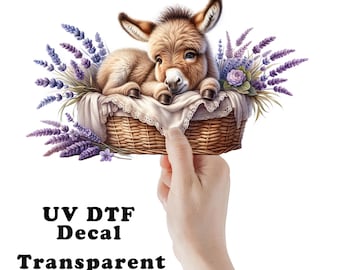Baby Donkey in Lavender Basket UV DTF Transparent Decal / Sticker You Choose Size
