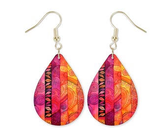 Boho Stripes Glass Dangle Printed Earrings Jewelry Handmade
