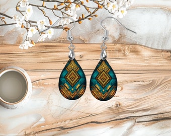 Turquoise Aztec Earrings, Teardrop Dangle Printed Earrings Jewelry Handmade
