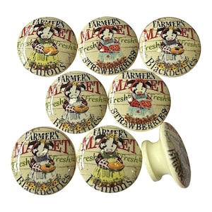 Set of 8 Farmers Market Cow Print Wood Cabinet Knobs, Draw Knobs, Farmhouse Style, Kitchen Knobs