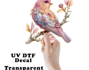 Pink Jewel Bird UV DTF Transparent Decal / Sticker You Choose Size