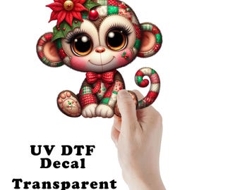 Patchwork Christmas Monkey UV DTF Transparent Decal / Sticker You Choose Size