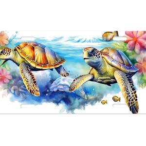 May include: Two colorful sea turtles swim through a watercolor painting of an underwater scene. The turtles are green, brown, and yellow with black markings. The background is blue and green with white clouds and pink flowers.