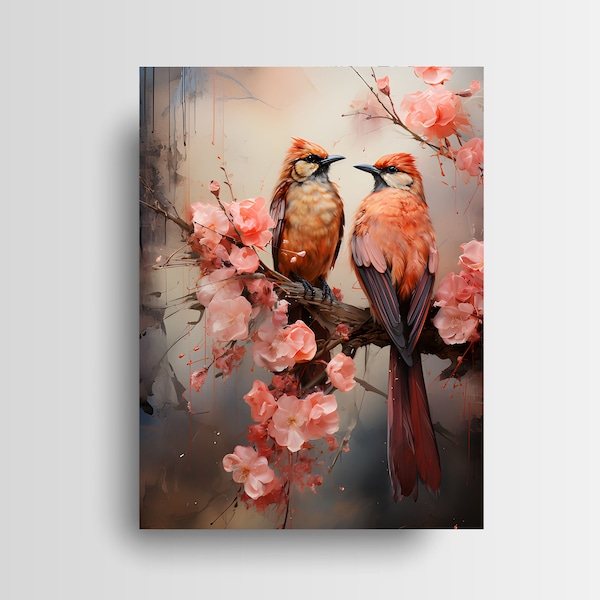 New Release, 16x20 Birds on Pink Blossom Branch Wall Art Canvas Print