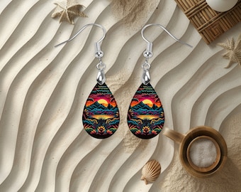 New Release, Neon Sunset Beach Earrings, Teardrop Dangle Printed Earrings Jewelry Handmade