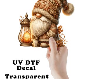 Fall Gnome and Lantern Clear UV DTF Transparent Decal / Sticker You Choose Size