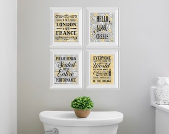 Set of 4  8x10 Funny Bathroom Wall Art Yellow Gray Dahlia Canvas Prints